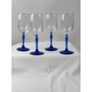 4 Lennox Swag 1 1/4" Wine Glass Blue Stem Gold‎ Trim Clear Glass Modern Design